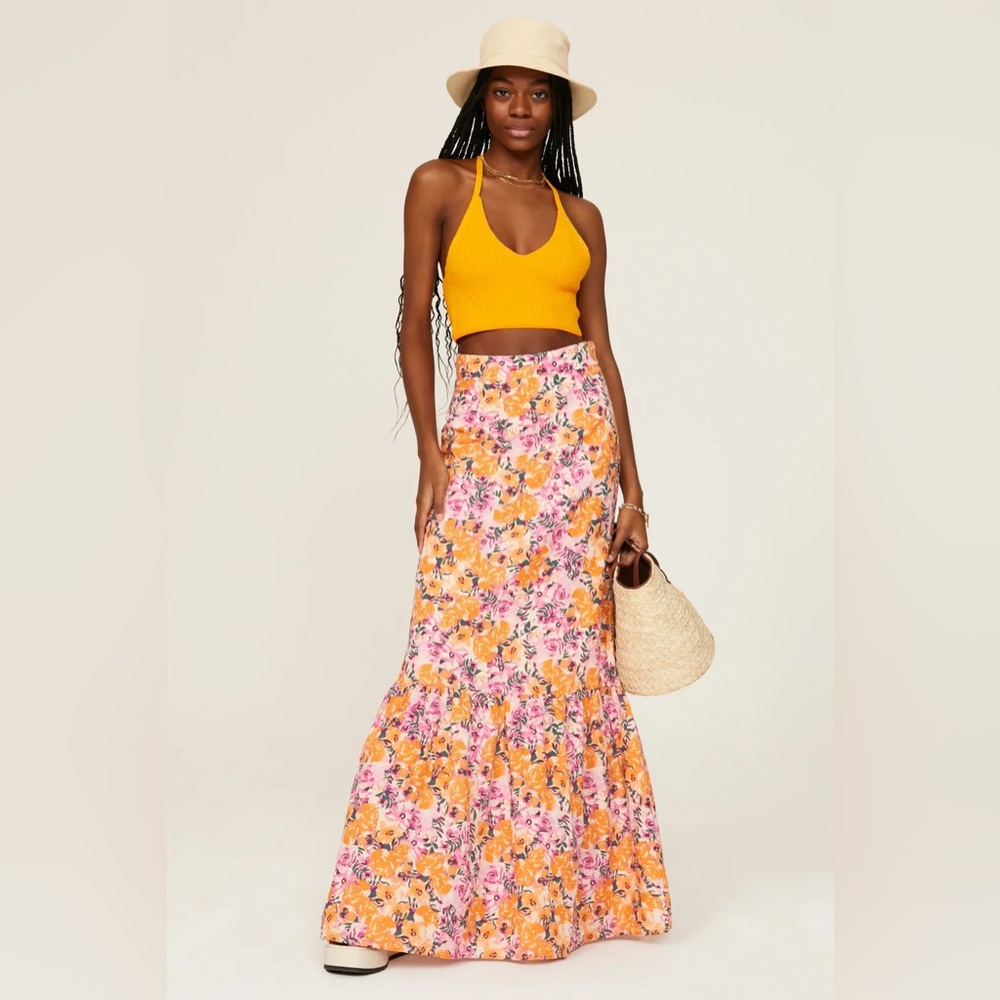 Something Navy Orange Tiered Trumpet Maxi Skirt Resort Wear